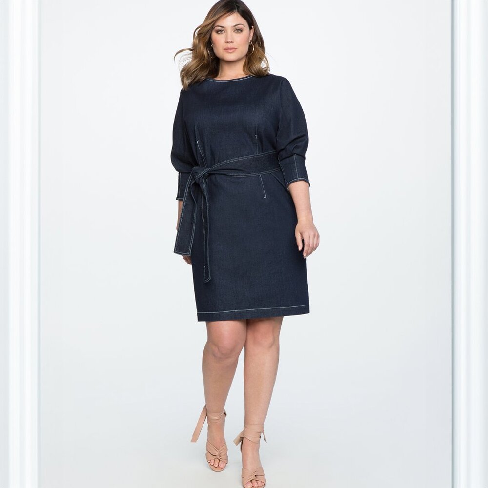 Eloquii Denim Tie Waist Dress Contrast Stitch Belted Shift Size 22 Excellent